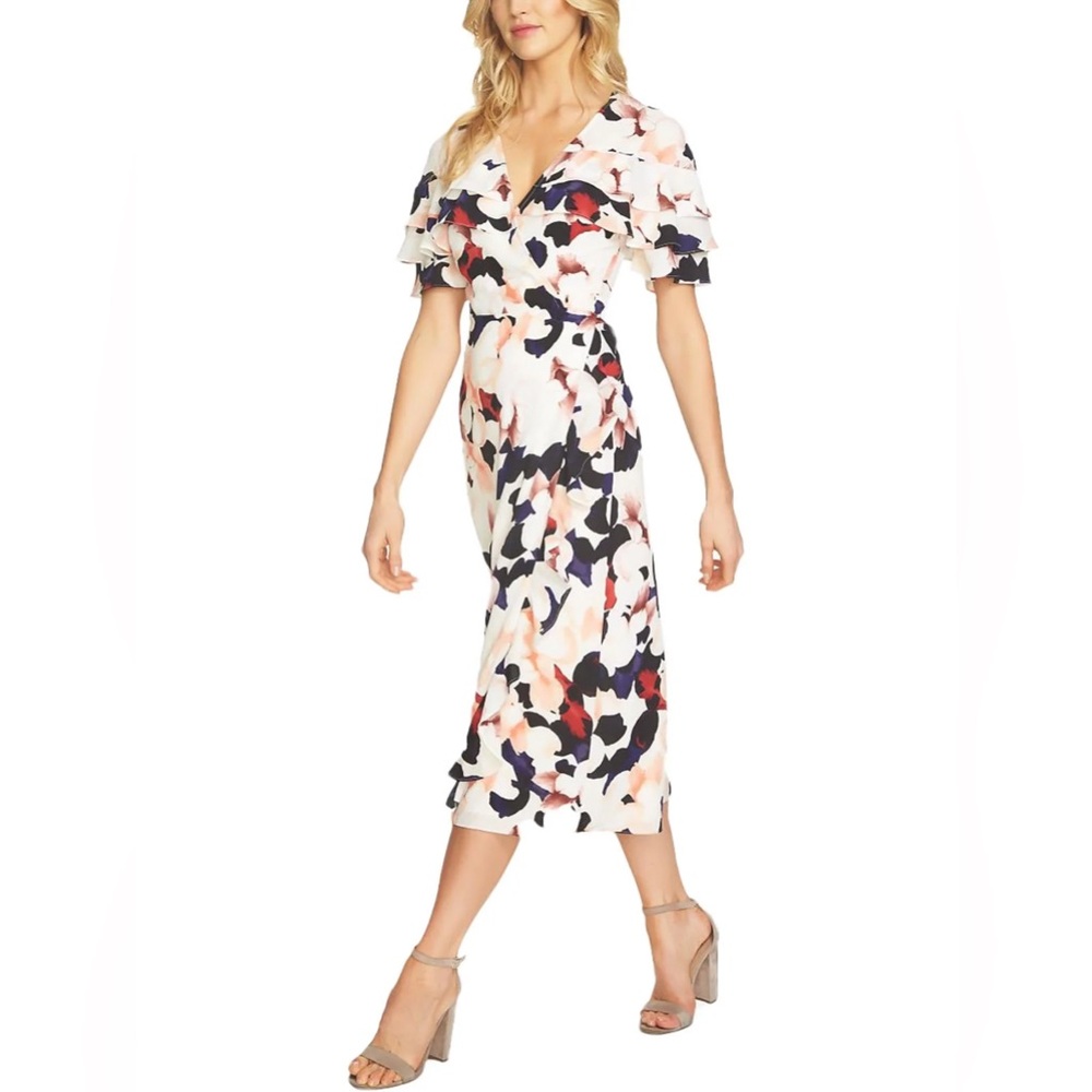 1.STATE Floral Wrap MIDI Dress, Multicolor XS